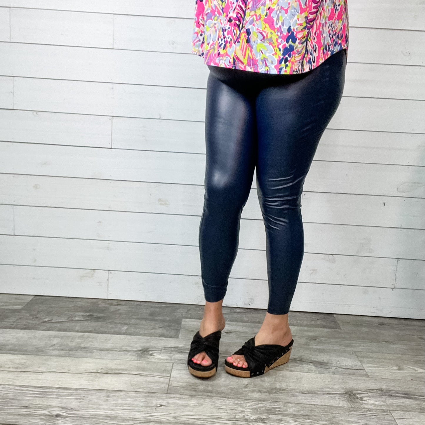 Vegan Leather "Date Night" Leggings with Wide Waist Band (Navy)