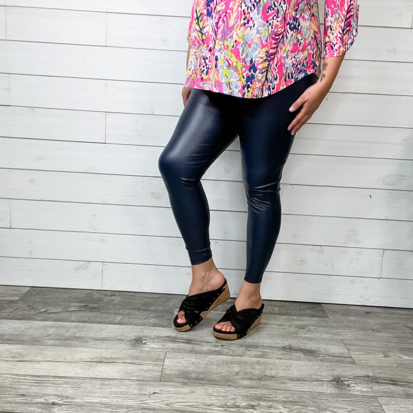 Vegan Leather "Date Night" Leggings with Wide Waist Band (Navy)