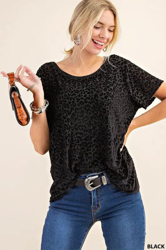 "Velvet Cat" Burnout Material Animal Print Top