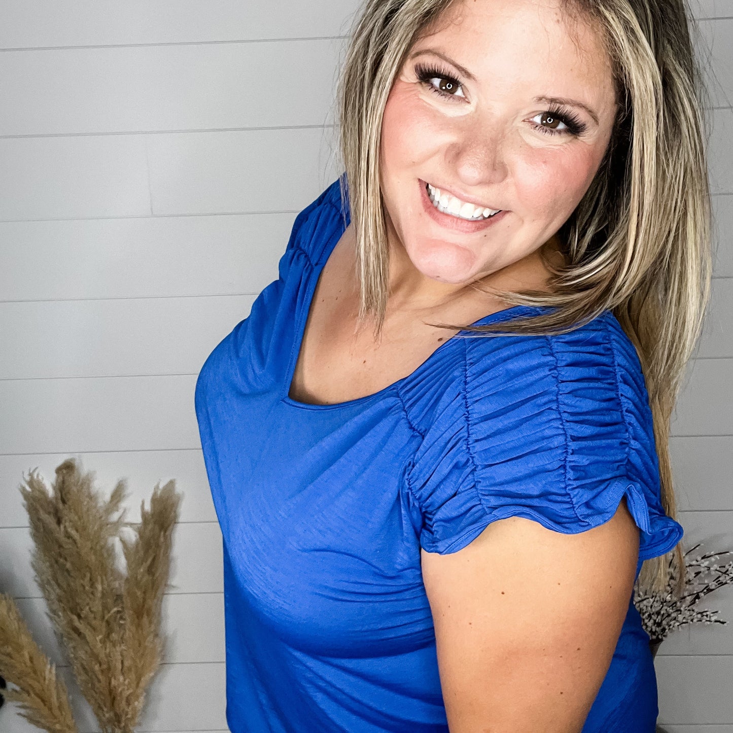 "Ward" Ruched Shoulder with Back Tie Detail Tank (Royal Blue)