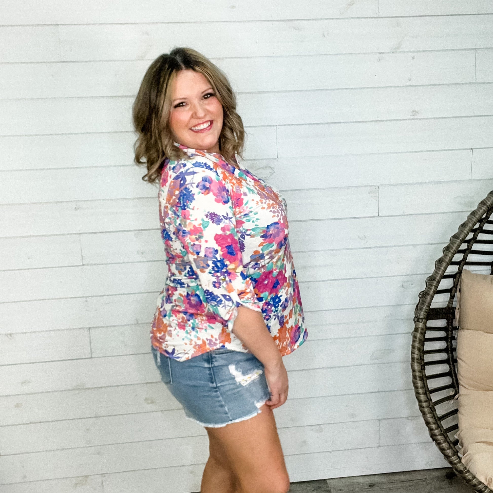 "Was It You" Floral Lizzy 3/4 Sleeve Split Neck