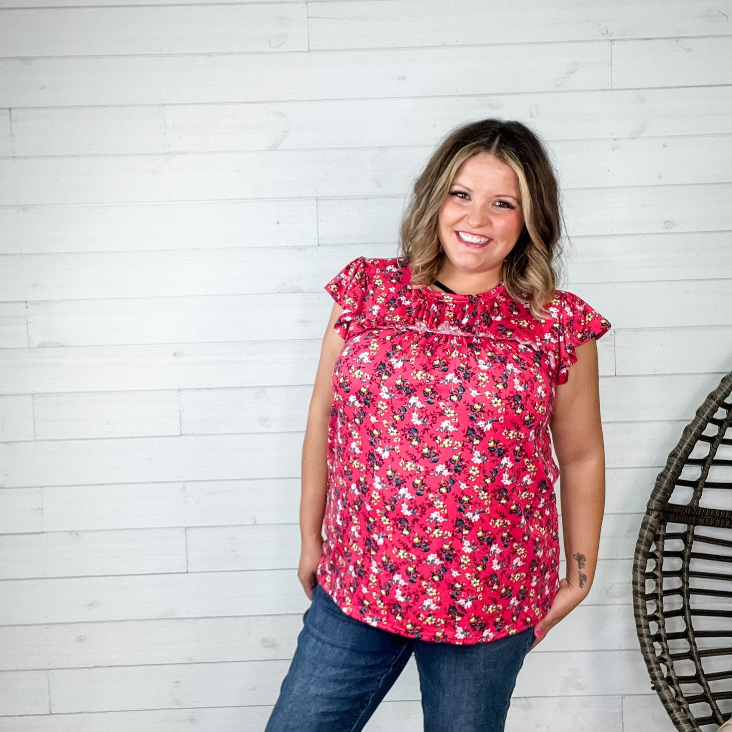 "Watch It Now" Floral Ruffle Cap Sleeve with Shirred Yoke
