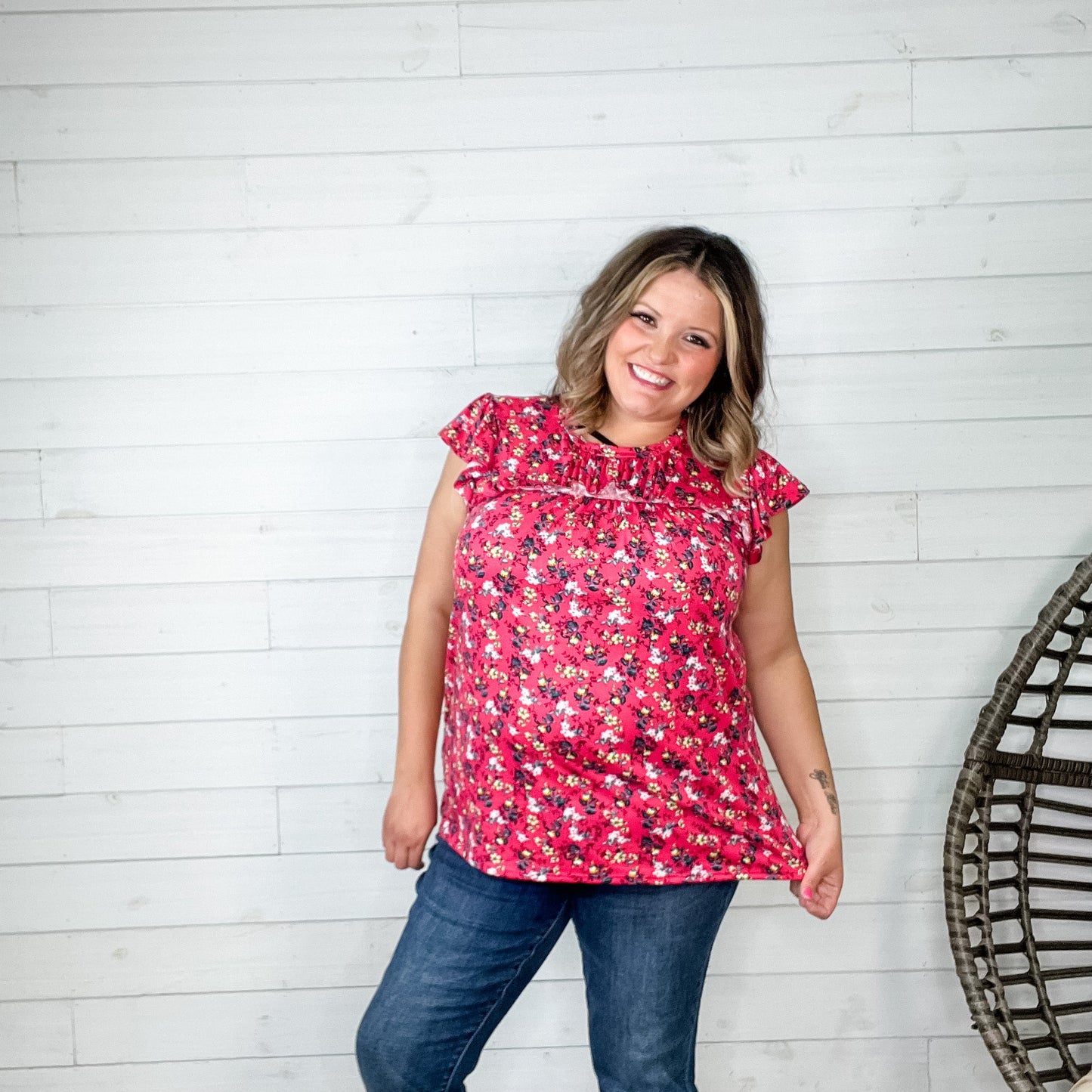 "Watch It Now" Floral Ruffle Cap Sleeve with Shirred Yoke
