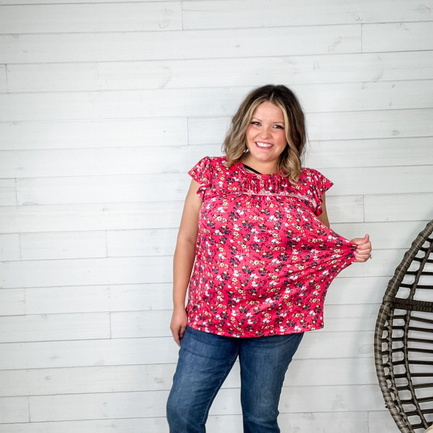 "Watch It Now" Floral Ruffle Cap Sleeve with Shirred Yoke
