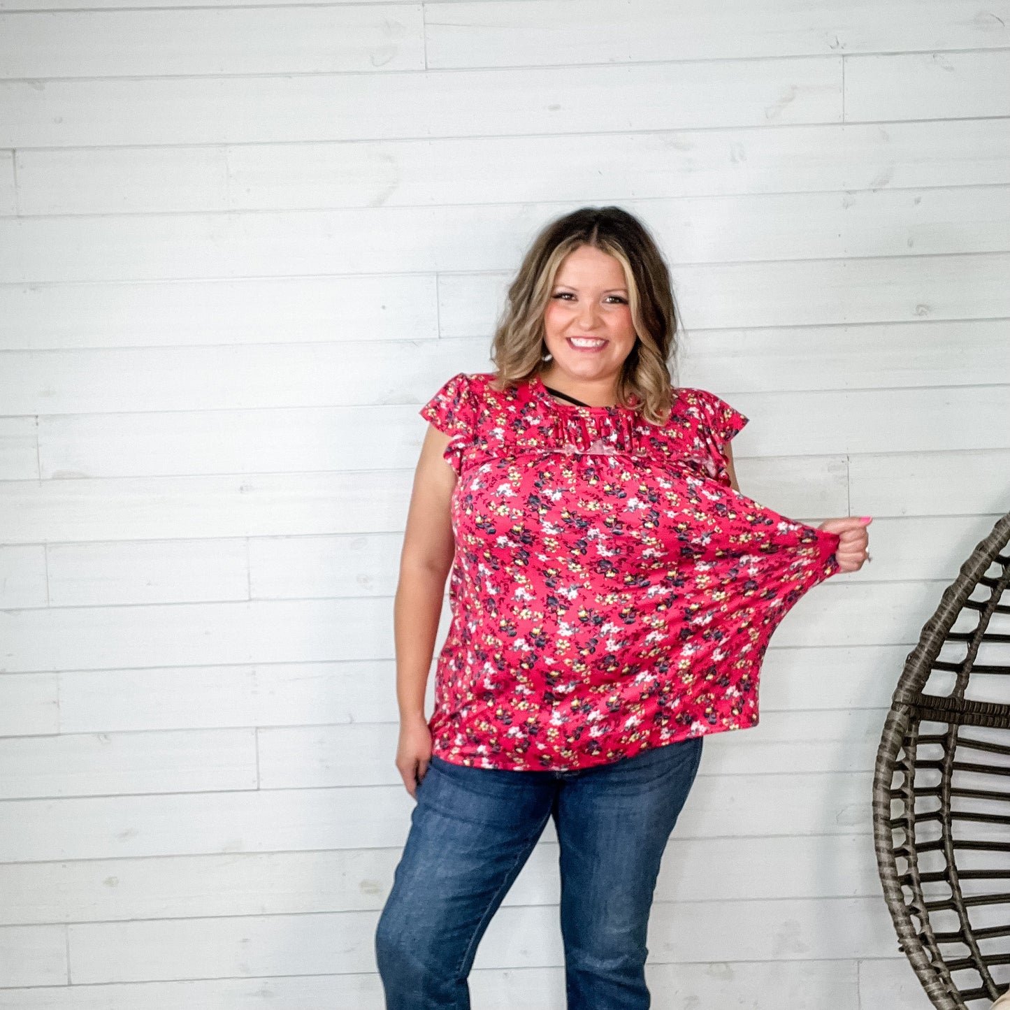 "Watch It Now" Floral Ruffle Cap Sleeve with Shirred Yoke