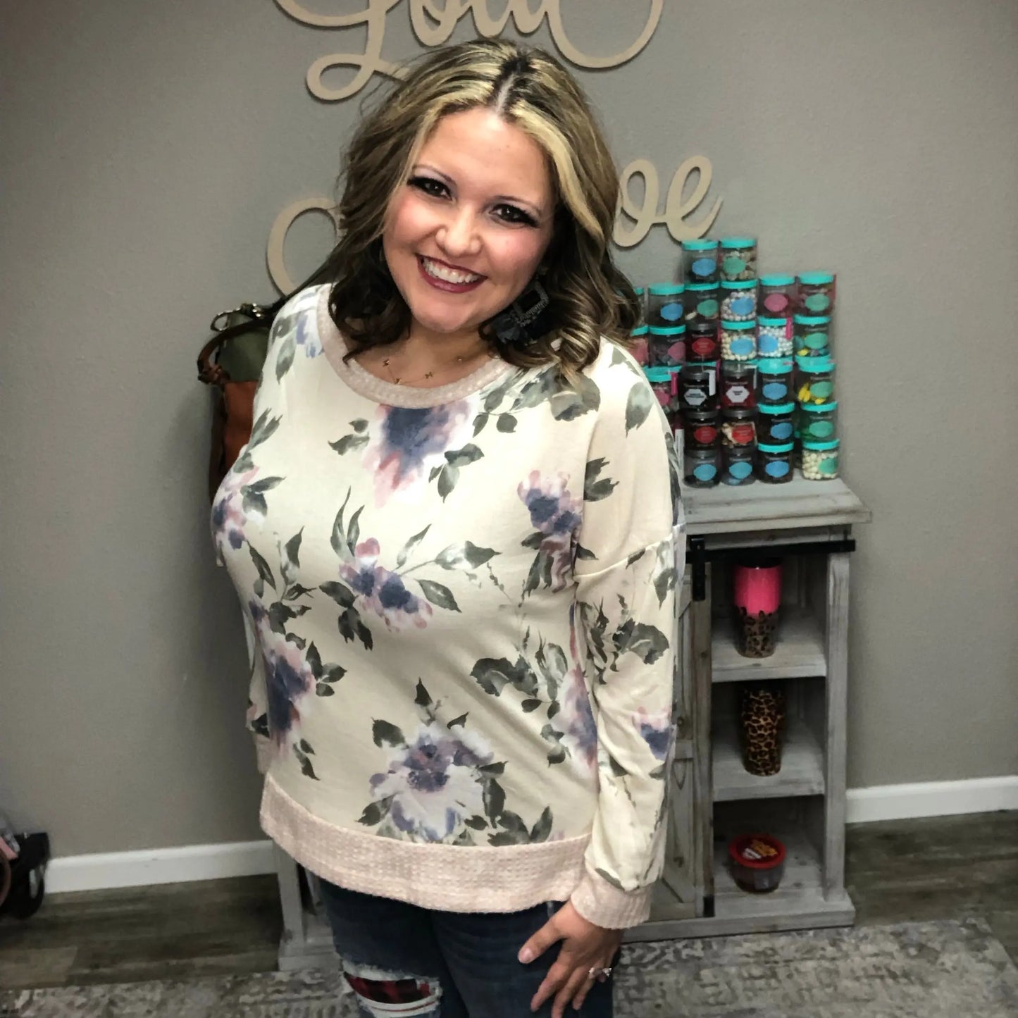 "Water Color Wonderful" Waffle Trim Long Sleeve Floral