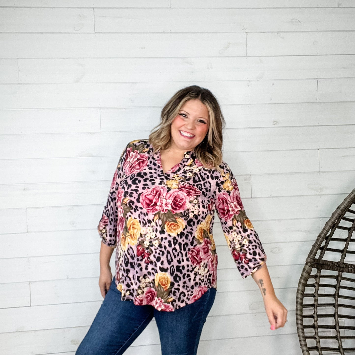 "Wednesday" Lizzy 3/4 Sleeve Split Neck