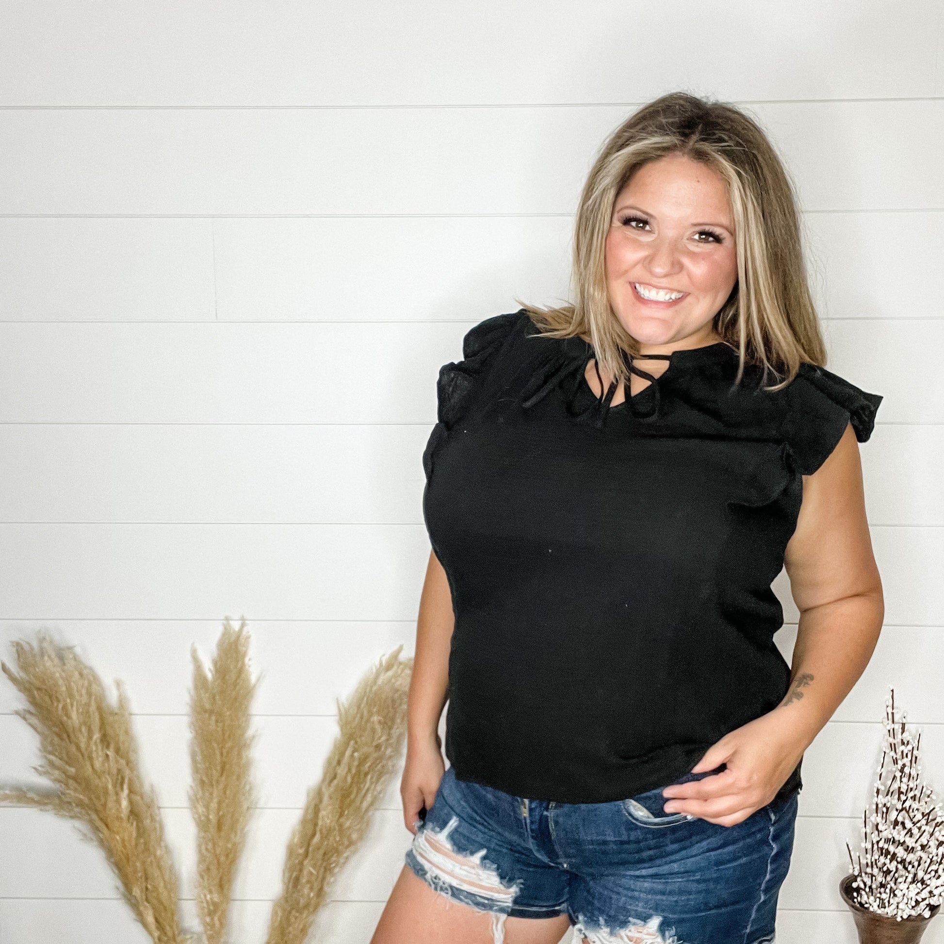 "Wheatland" Ruffle Cap V Neck with Tie Detail (Black)