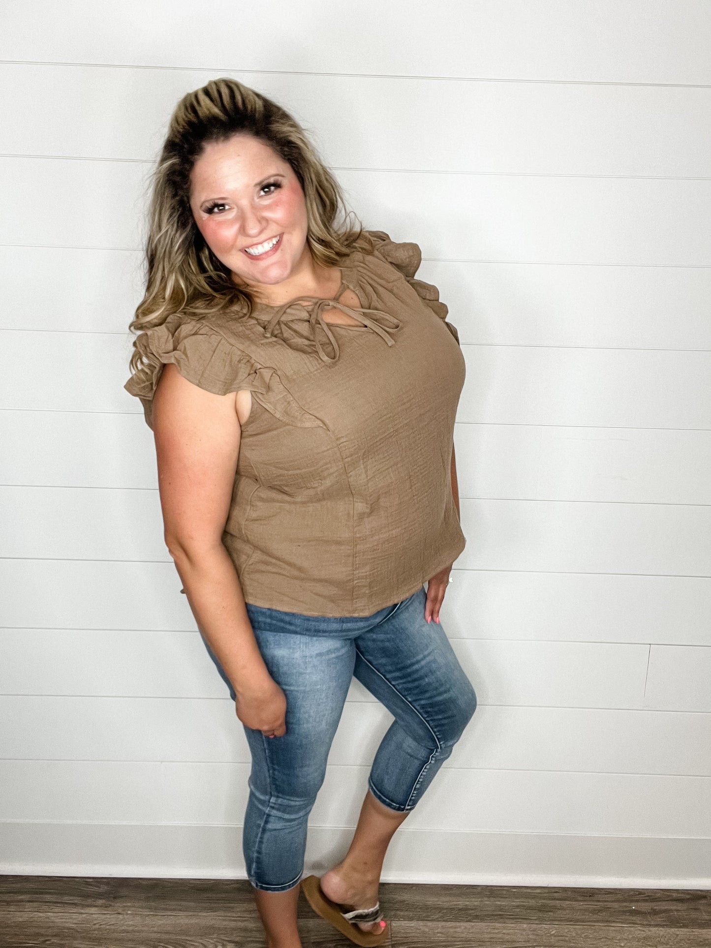 "Wheatland" Ruffle Cap V Neck with Tie Detail (Mocha)