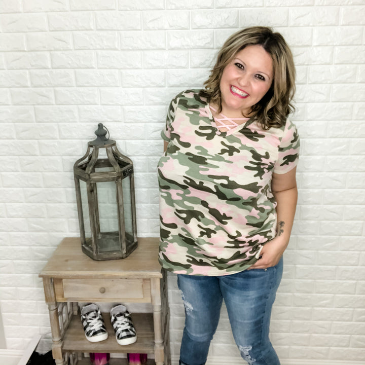 "Who Runs The World" Criss Cross Front Pink Camo Tee