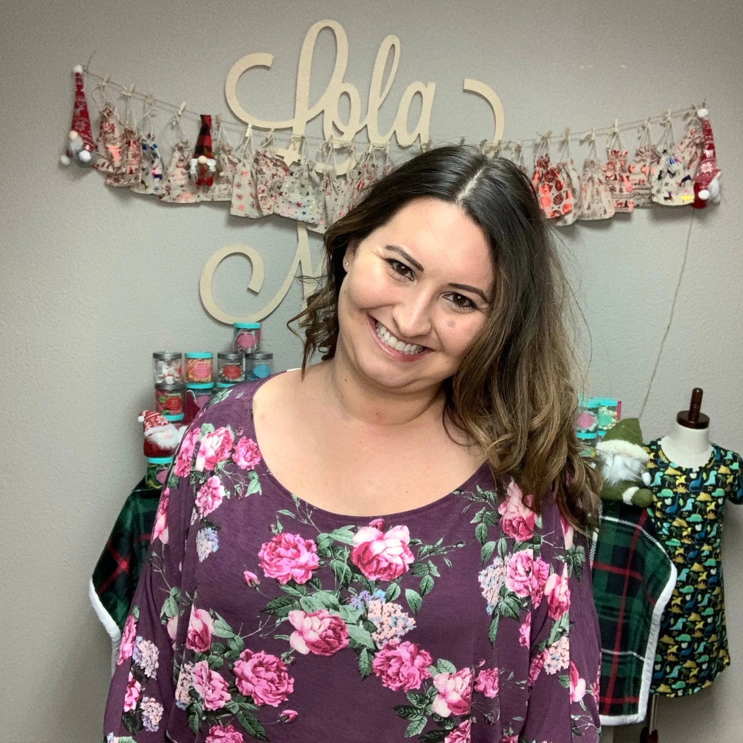 "Wine & Roses" Round Neck Floral Dolman Sleeve