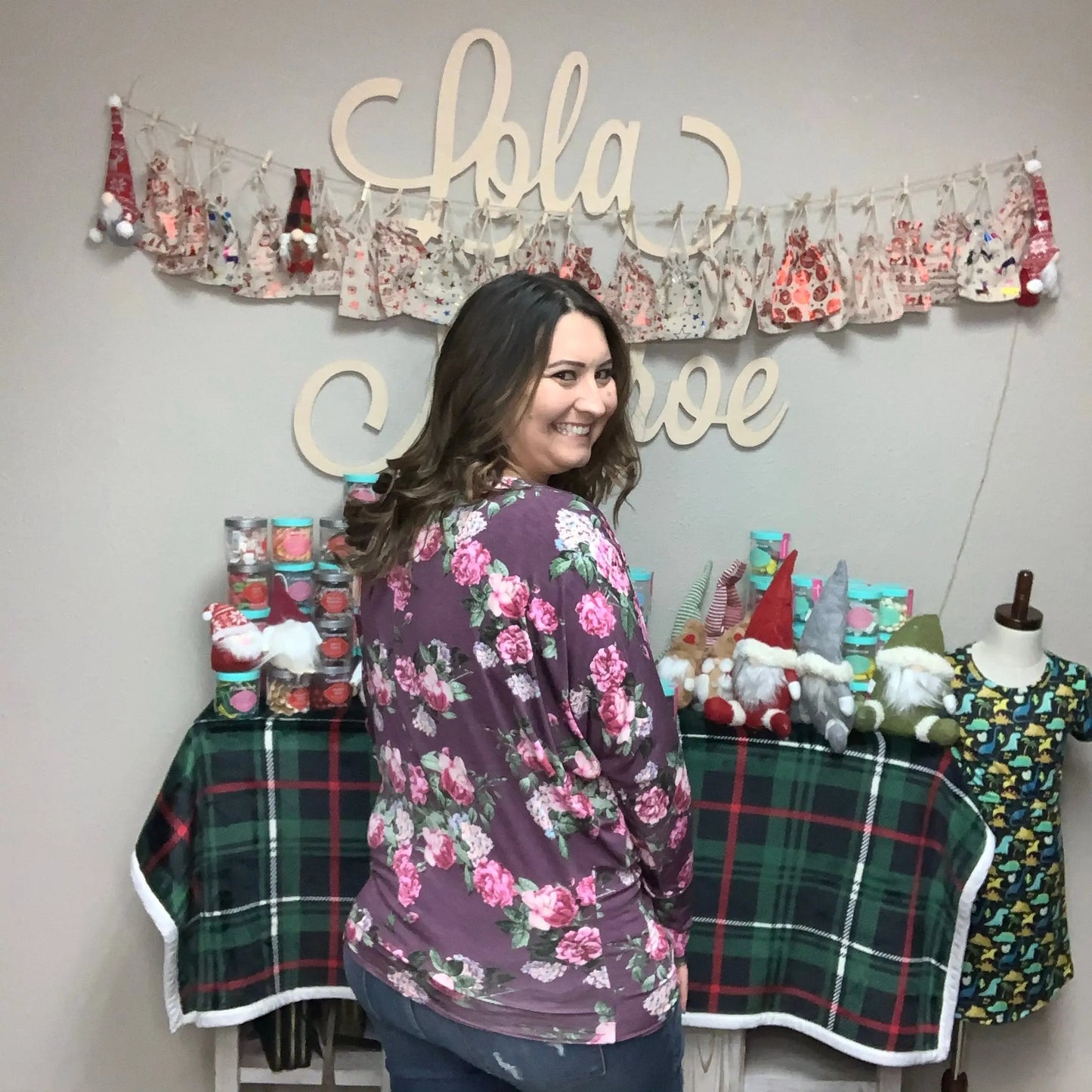"Wine & Roses" Round Neck Floral Dolman Sleeve