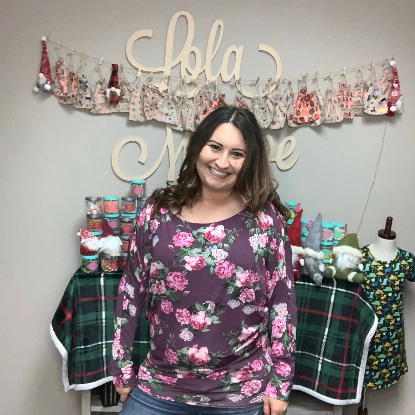 "Wine & Roses" Round Neck Floral Dolman Sleeve