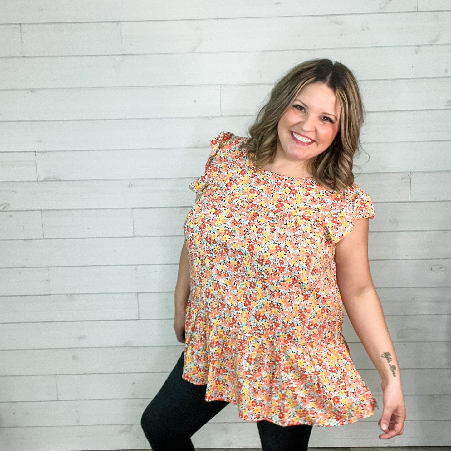 "Wrigley" Floral Ruffle Cap Sleeve Tiered Top