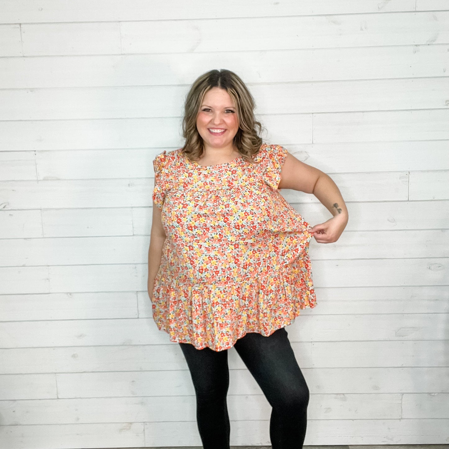 "Wrigley" Floral Ruffle Cap Sleeve Tiered Top