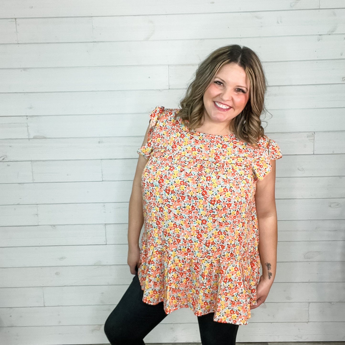 "Wrigley" Floral Ruffle Cap Sleeve Tiered Top