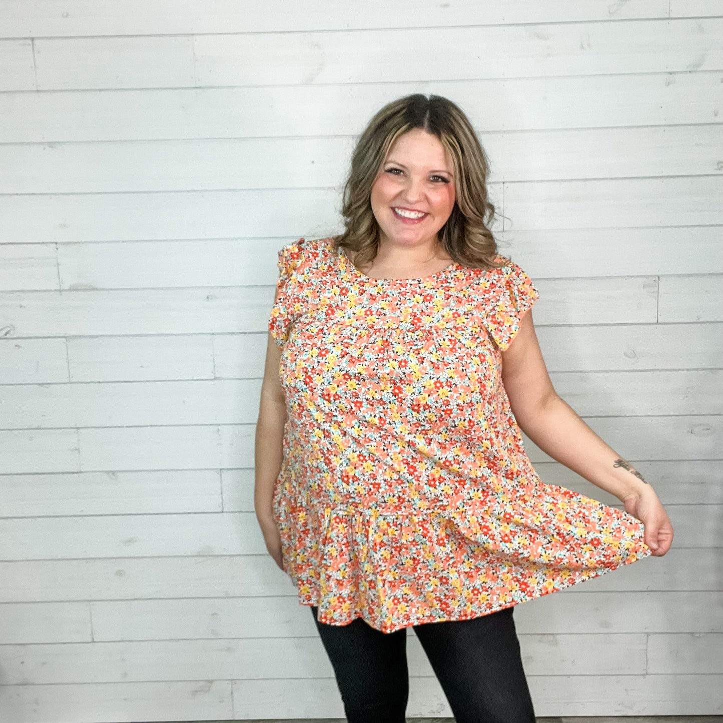 "Wrigley" Floral Ruffle Cap Sleeve Tiered Top