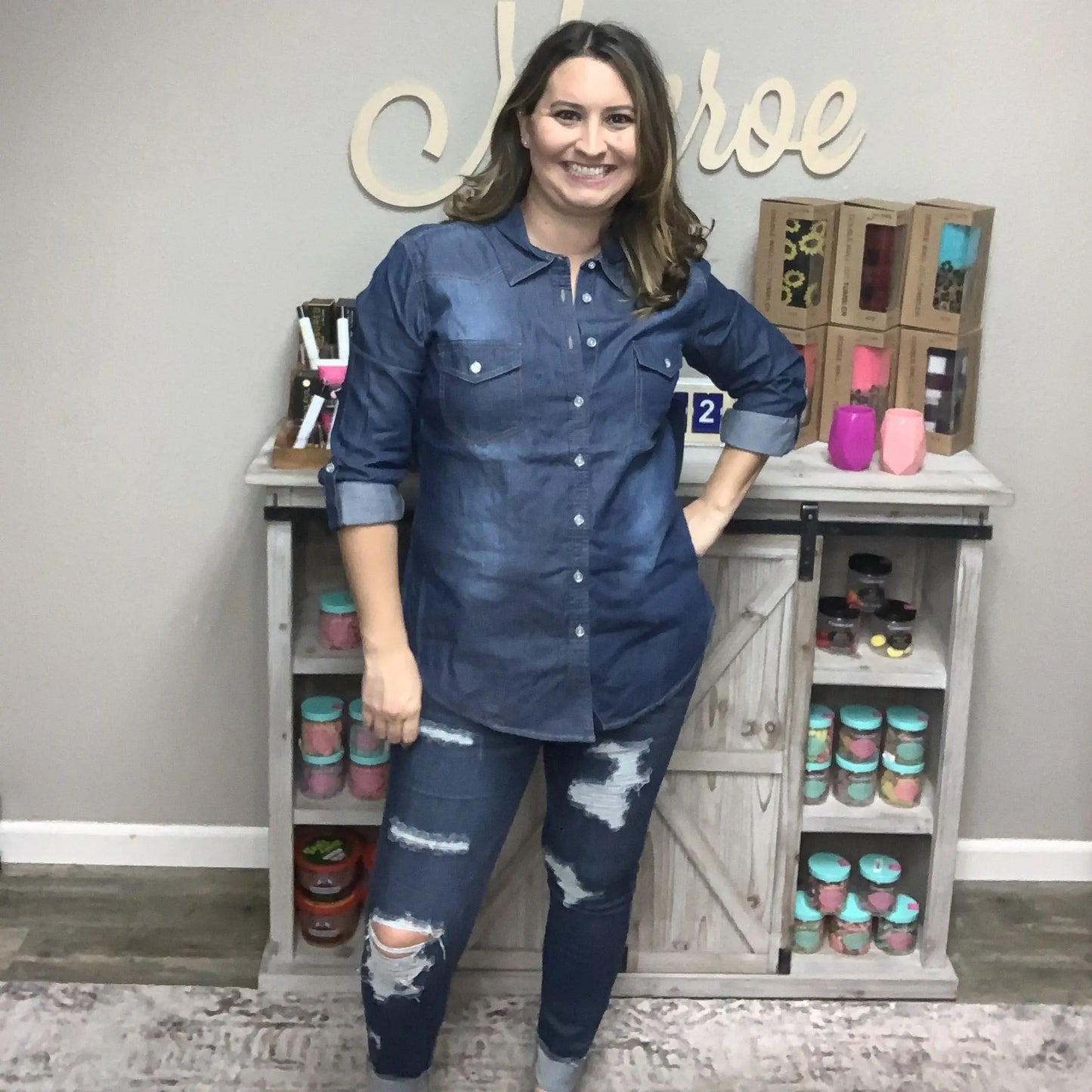 YMI/Royalty "Work It" Chambray 3/4 Sleeve Top