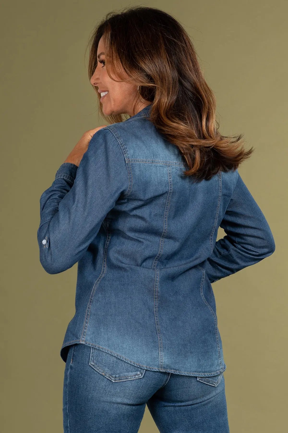 YMI/Royalty "Work It" Chambray 3/4 Sleeve Top