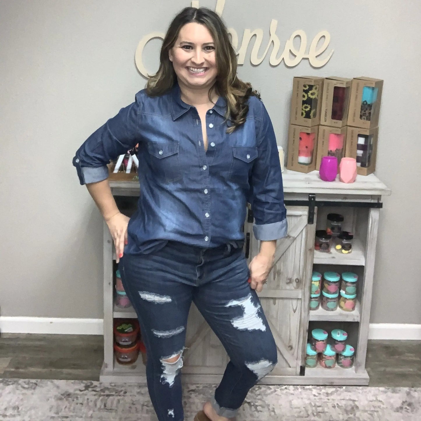 YMI/Royalty "Work It" Chambray 3/4 Sleeve Top