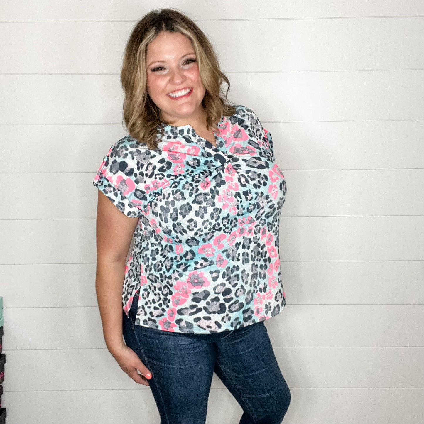 "You Got This" Animal Print Split Neck Cuffed Short Sleeve