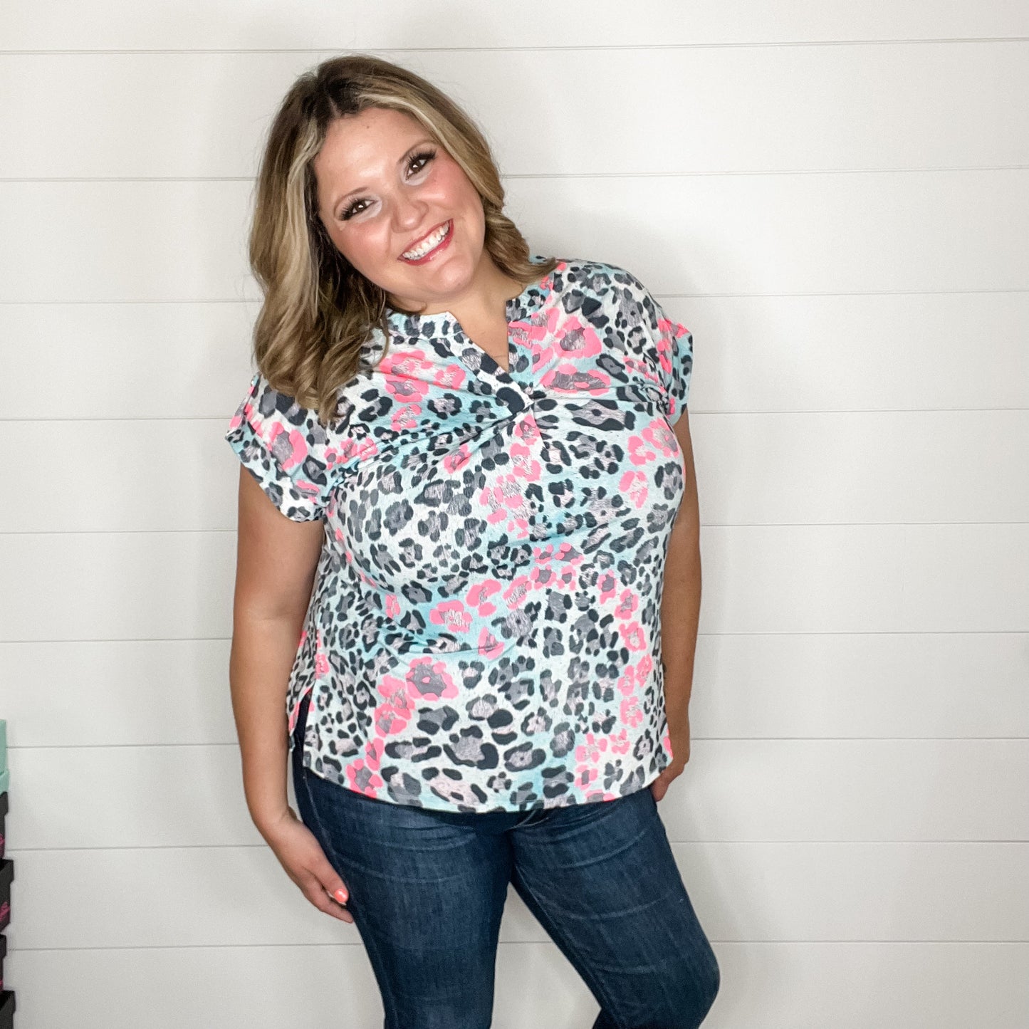 "You Got This" Animal Print Split Neck Cuffed Short Sleeve
