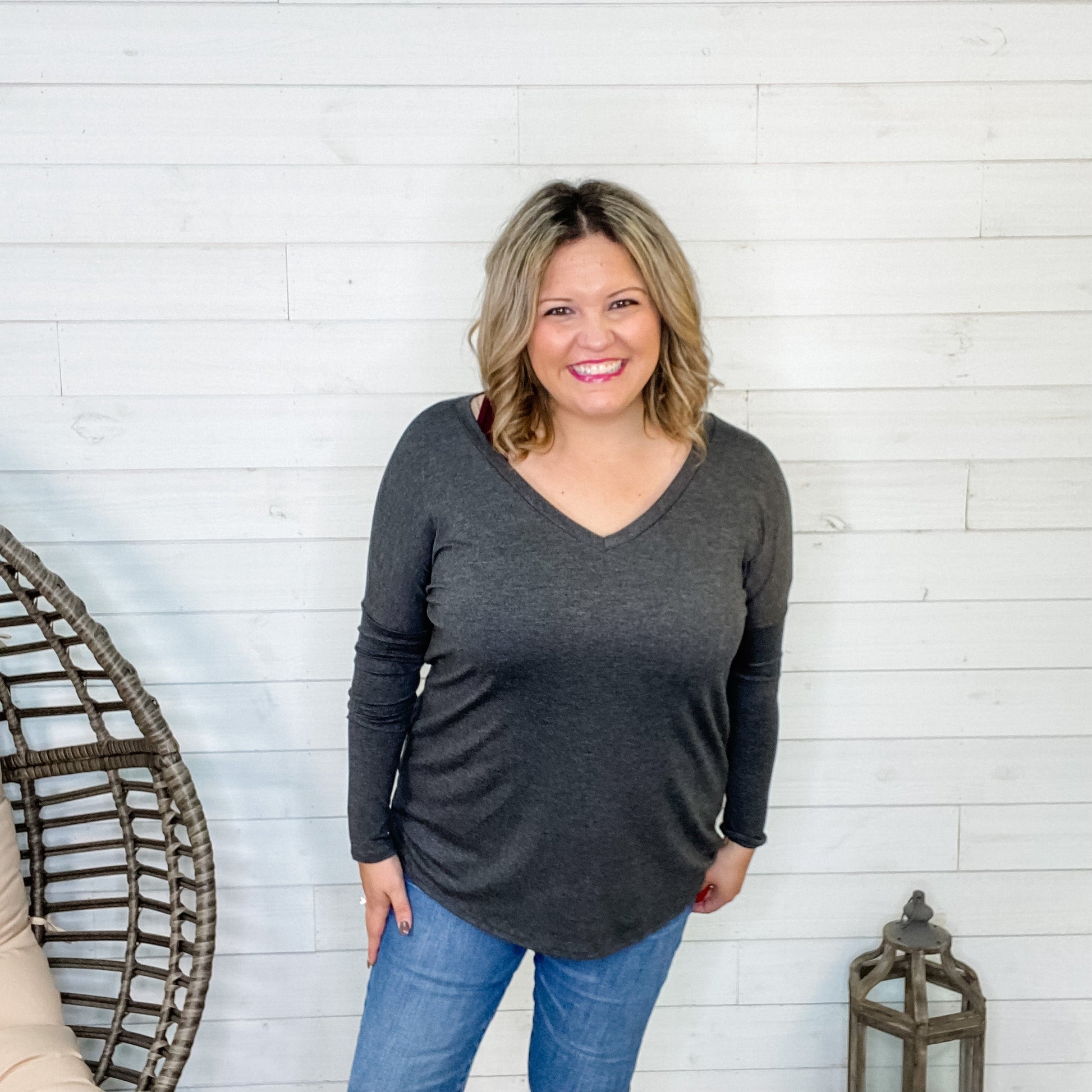 "Ziggy" Long Sleeve V-Neck (Charcoal)