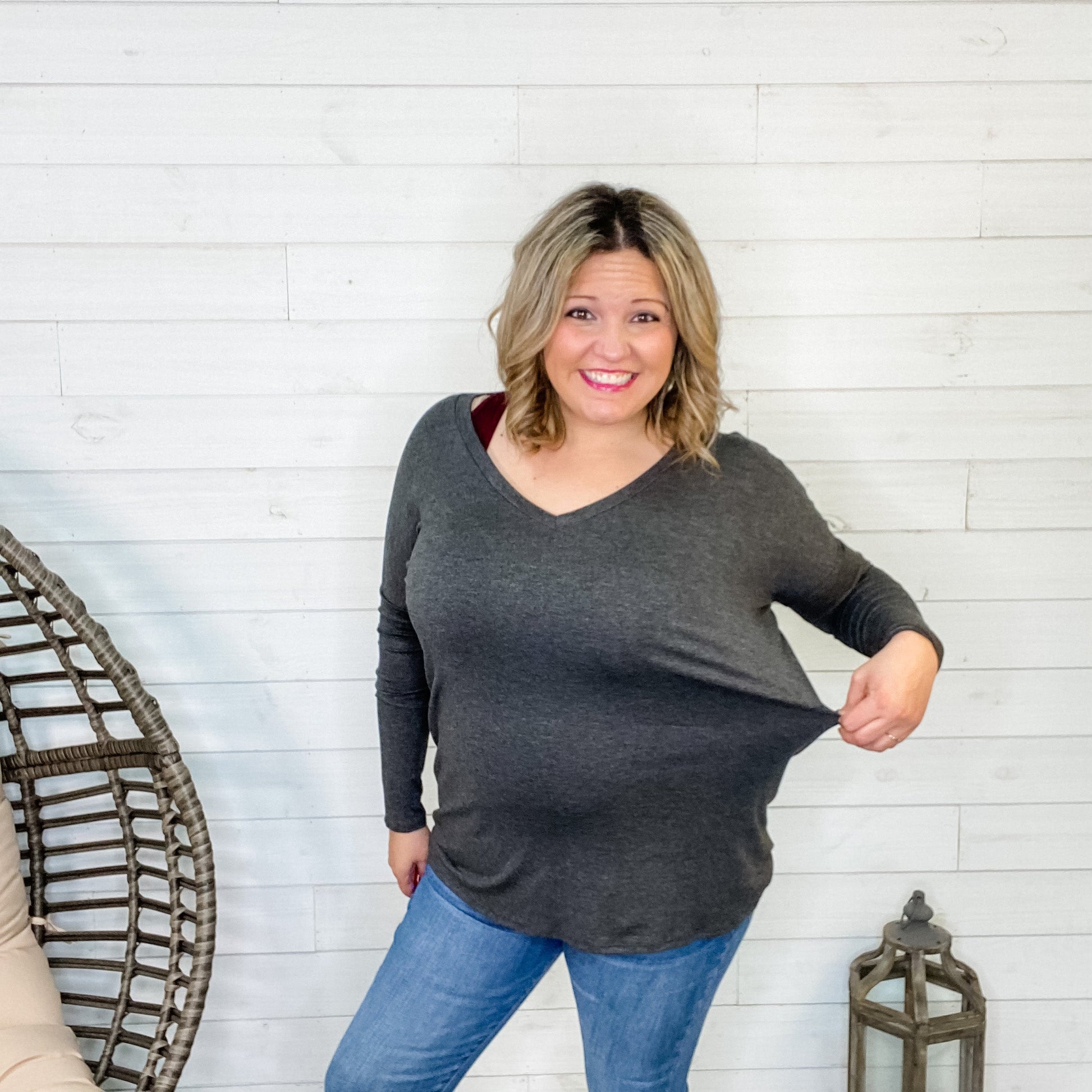 "Ziggy" Long Sleeve V-Neck (Charcoal)