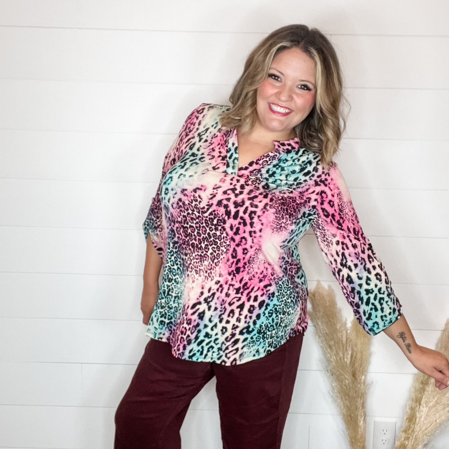 "Zoolander" Animal Print Lizzy 3/4 Sleeve Split Neck