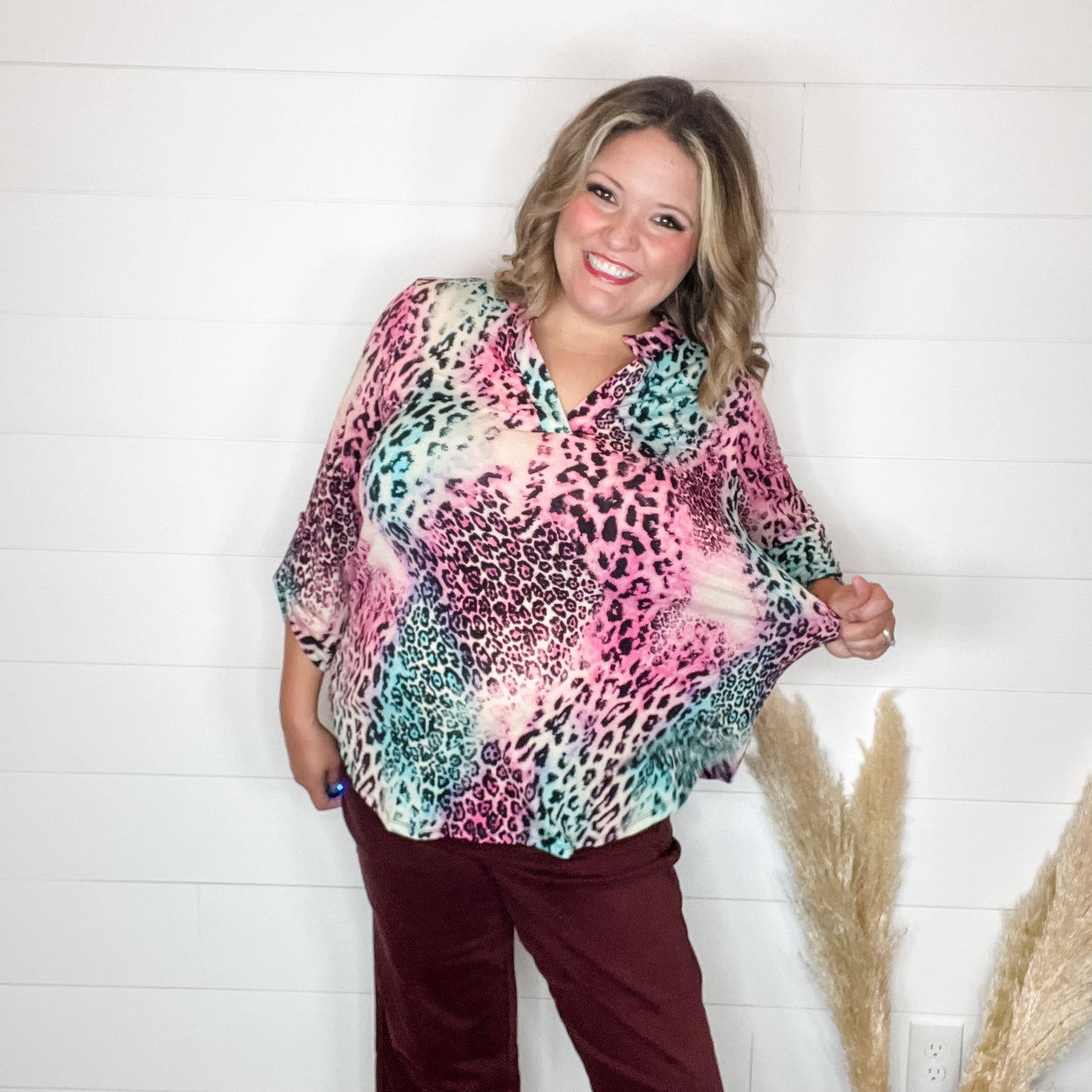 "Zoolander" Animal Print Lizzy 3/4 Sleeve Split Neck
