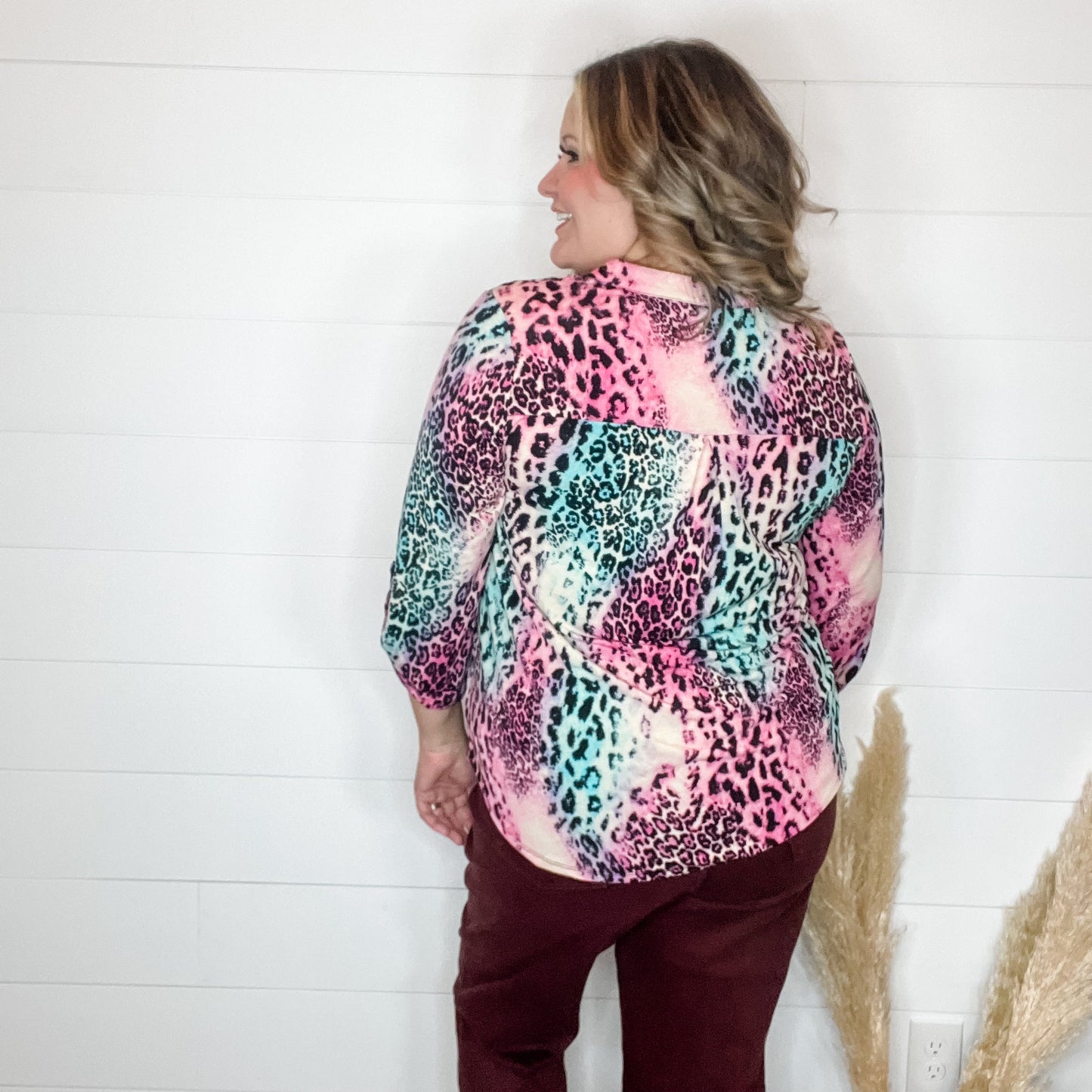 "Zoolander" Animal Print Lizzy 3/4 Sleeve Split Neck