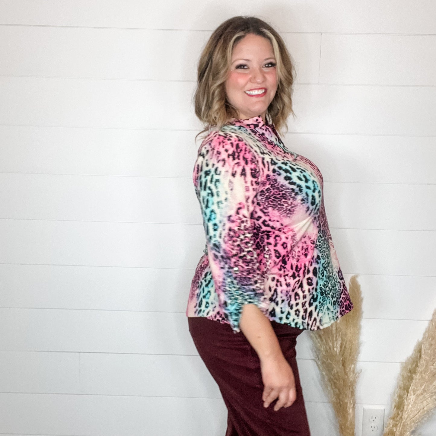 "Zoolander" Animal Print Lizzy 3/4 Sleeve Split Neck