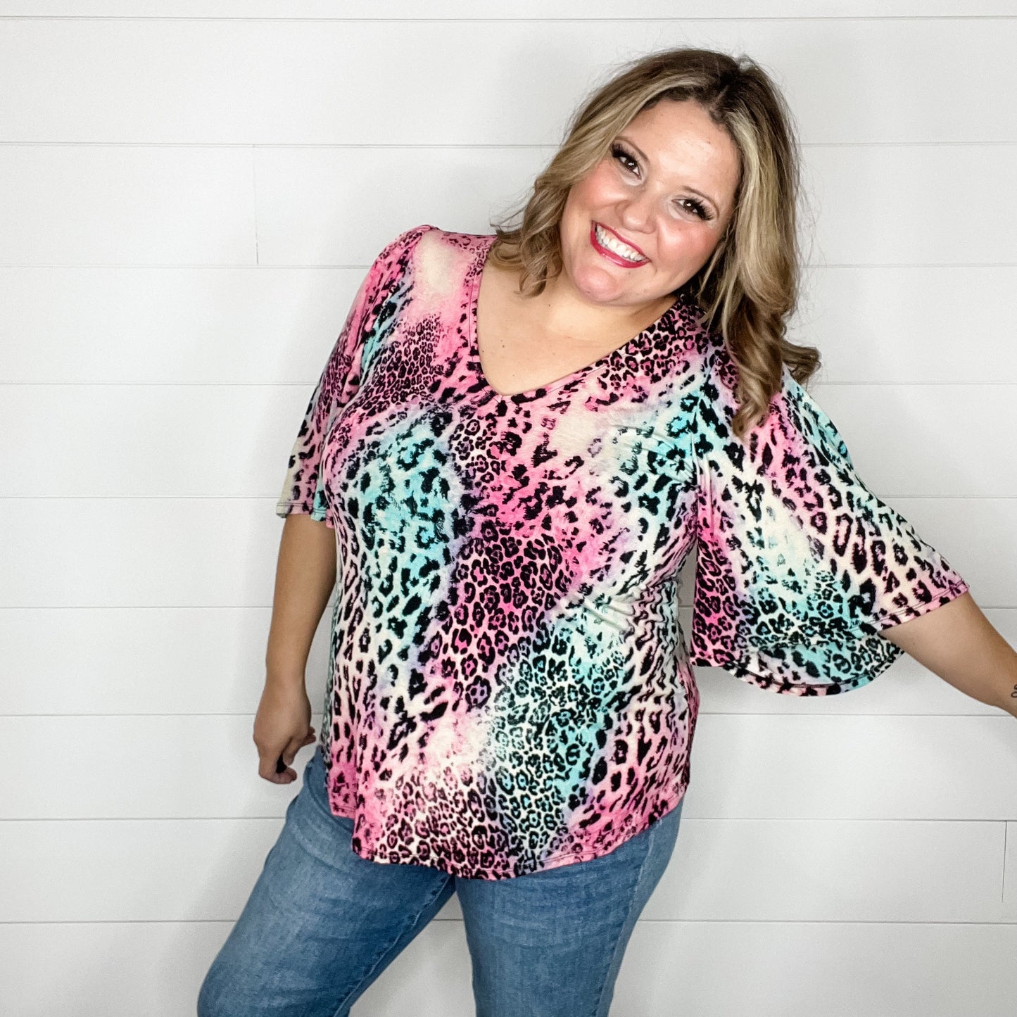 "Zoolander" Animal Print Short Ruffled Bell Sleeve U Neck