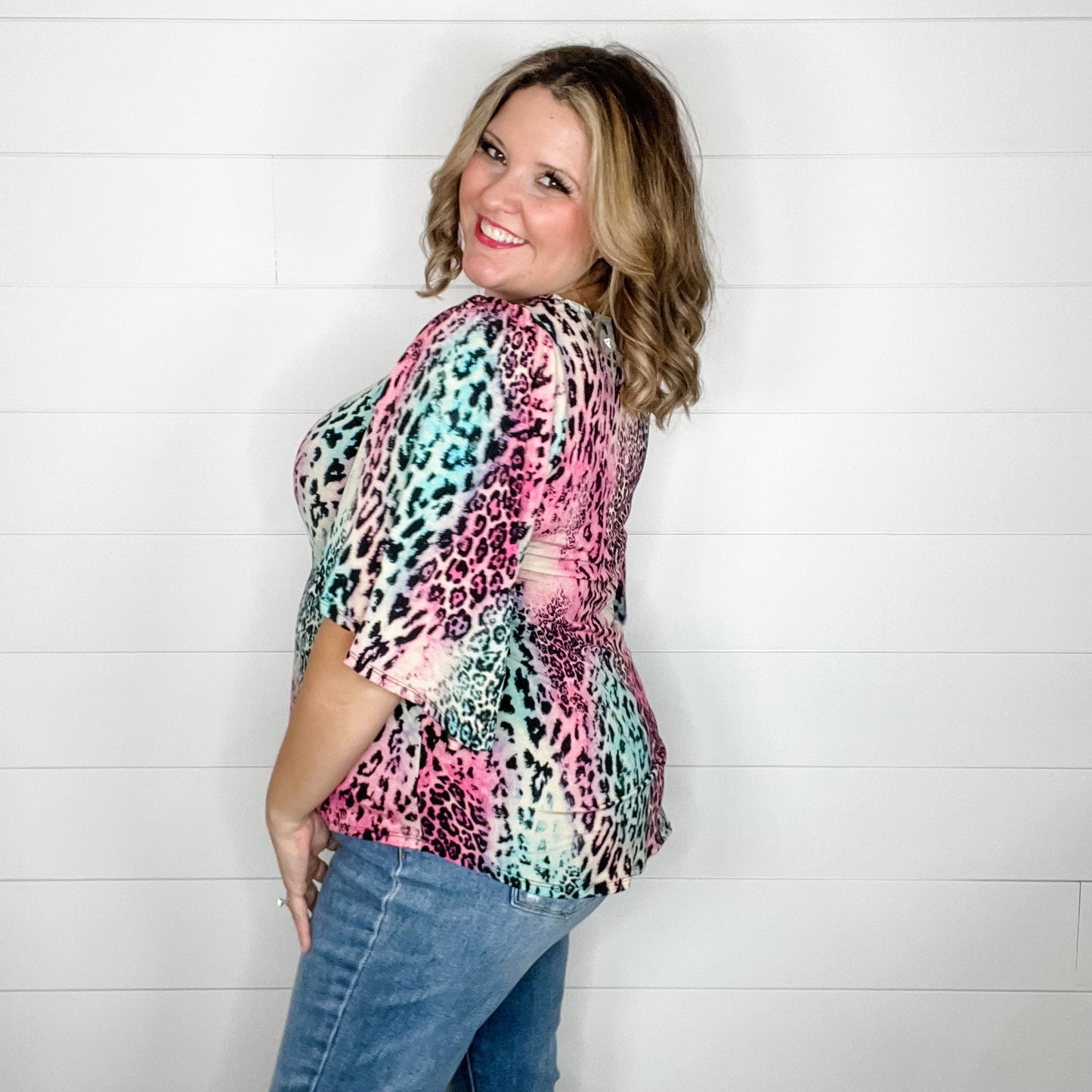 "Zoolander" Animal Print Short Ruffled Bell Sleeve U Neck