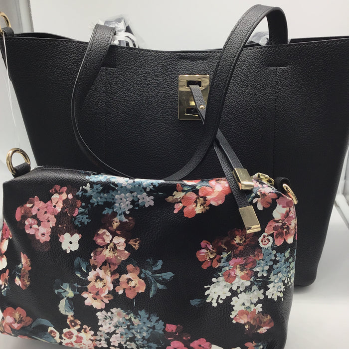 "Sandra" Solid Black Handbag with additional Floral Clutch