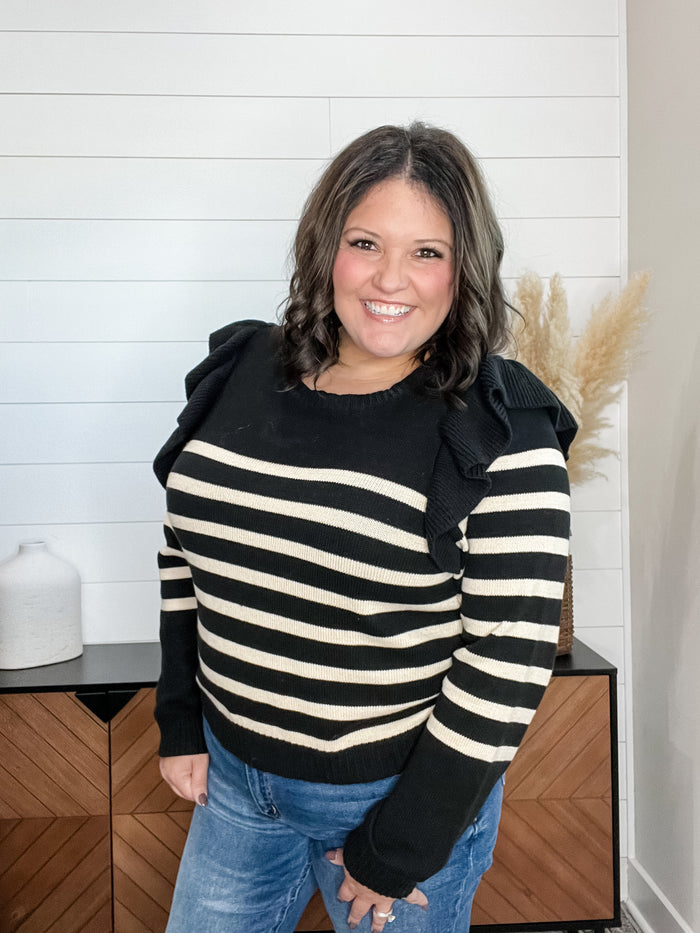 "Tish" Long Sleeve Ruffle Shoulder Sweater