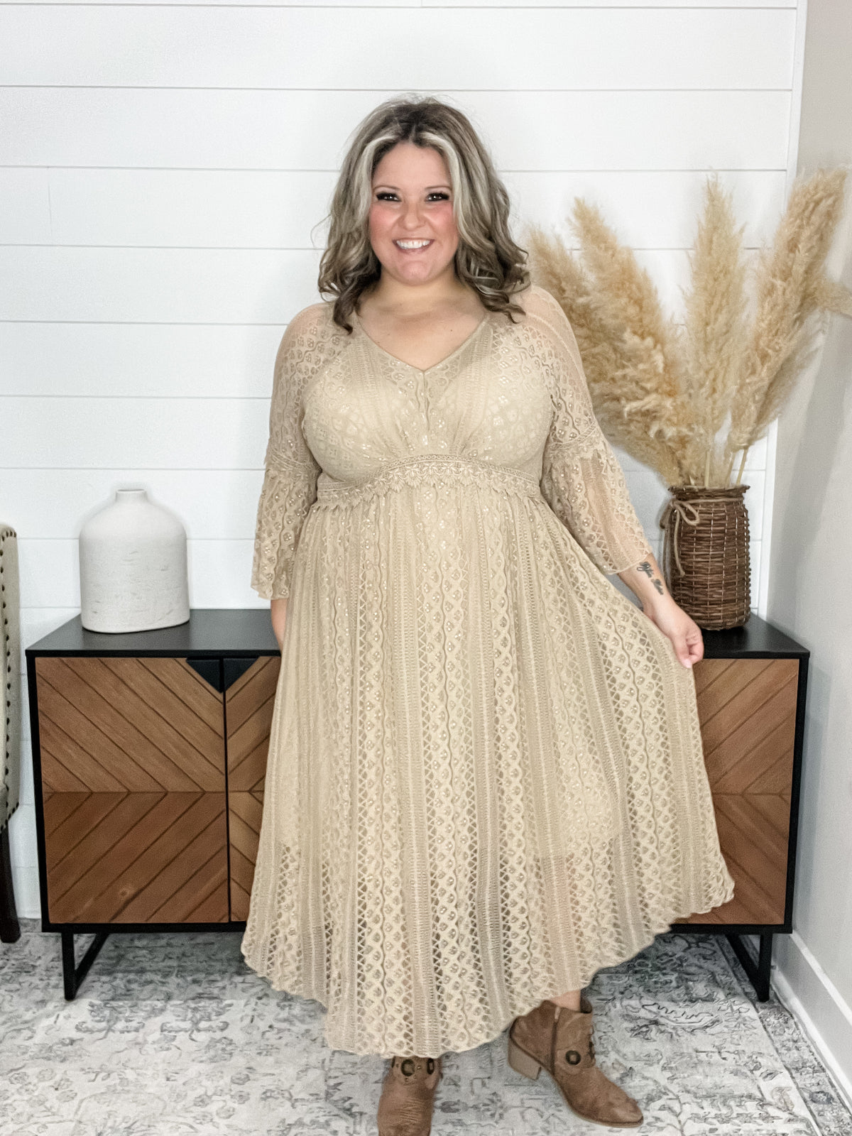 "Country In The Park" Long Sleeve V Neck Lace Dress (Taupe)