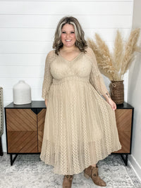 "Country In The Park" Long Sleeve V Neck Lace Dress (Taupe)