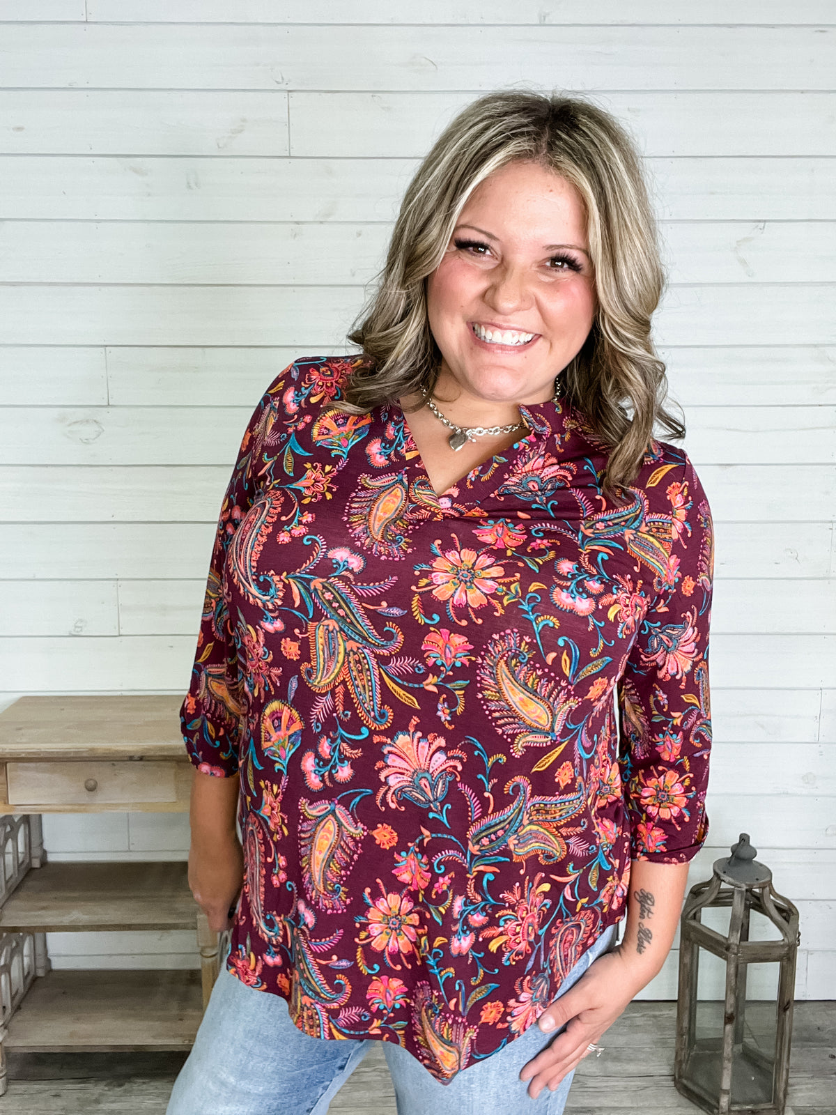 "Audra" 3/4 Sleeve Split Neck