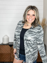 "Salute" Camo Cardigan with Faux Suede Elbow Patches