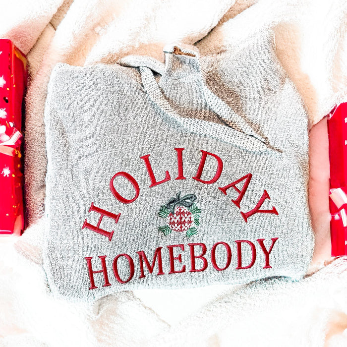 JOCOink Holiday homebody hoodie - Embroidered on unisex fit Nantucket knit salt and pepper color | Lola Monroe Boutique
