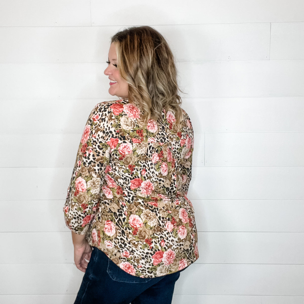 "South" Animal and Floral Lizzy 3/4 Sleeve Split Neck