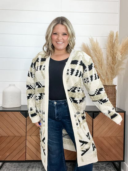 Aztec Cream Black and Gold Cardigan