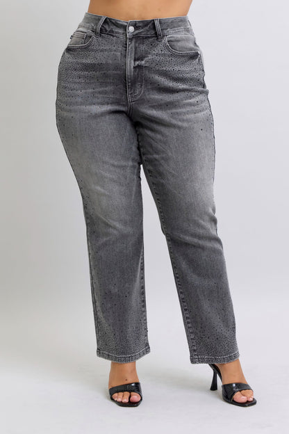 Judy Blue Grey Rhinestone Straight Leg Jeans