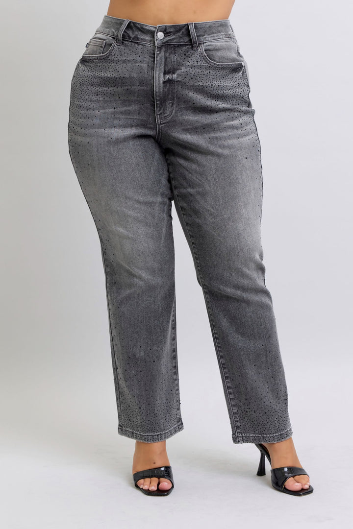 Judy Blue Grey Rhinestone Straight Leg Jeans