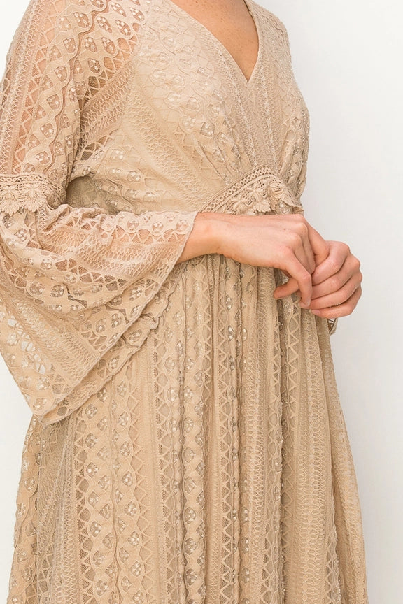 "Country In The Park" Long Sleeve V Neck Lace Dress (Taupe)