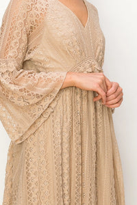 "Country In The Park" Long Sleeve V Neck Lace Dress (Taupe)