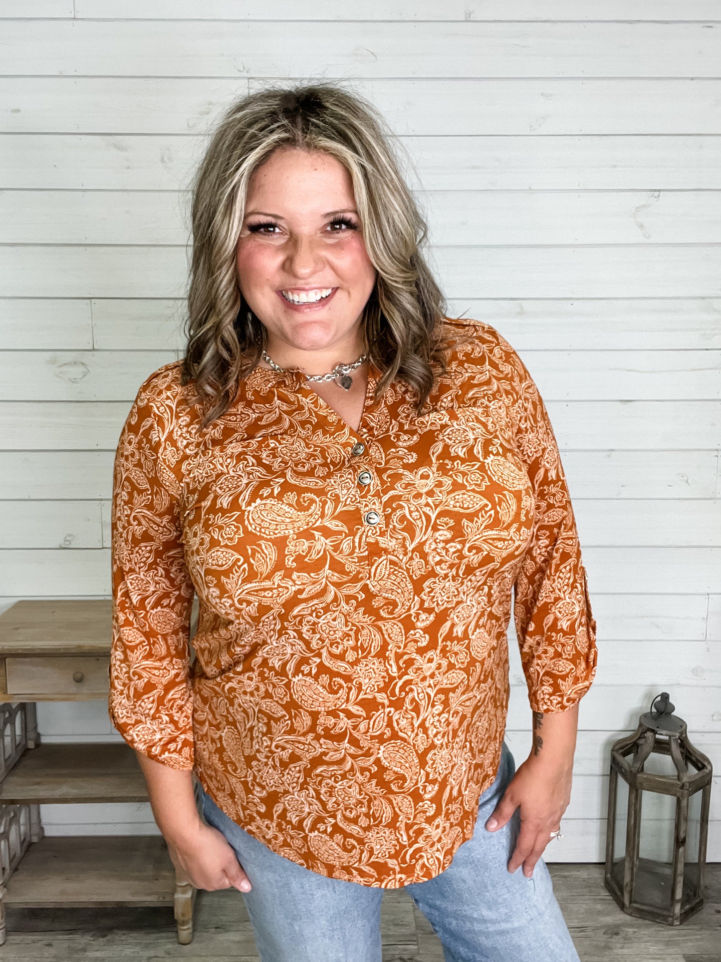 "Rhombus" 3/4 Sleeve Button Front Lizzy Luxe