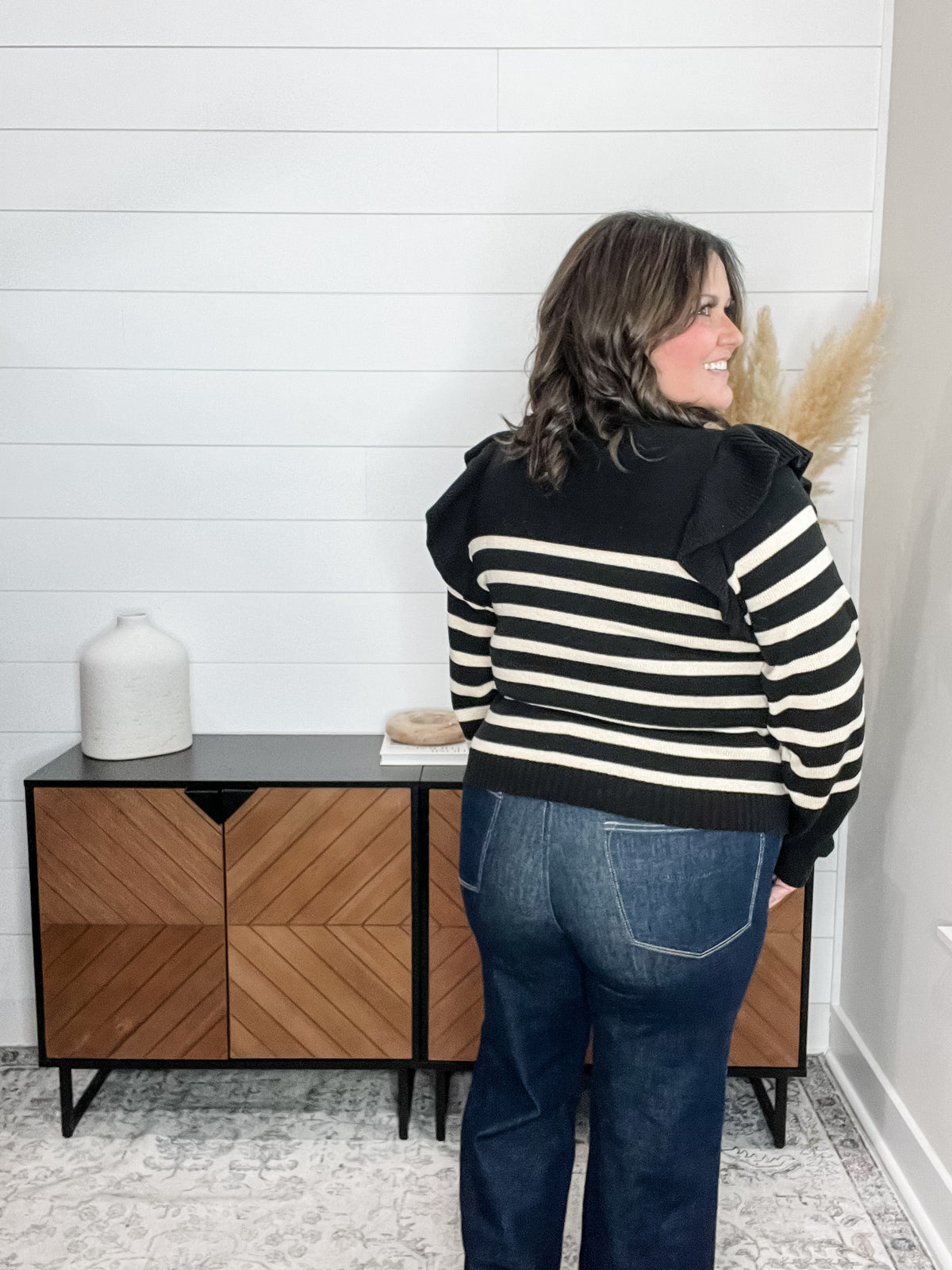 "Tish" Long Sleeve Ruffle Shoulder Sweater