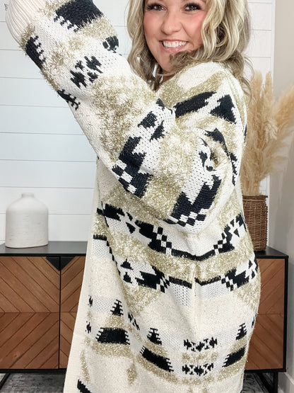 Aztec Cream Black and Gold Cardigan